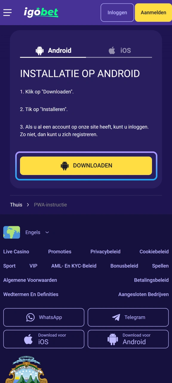 Start het downloaden van de officiële applicatie op het IgoBet platform.