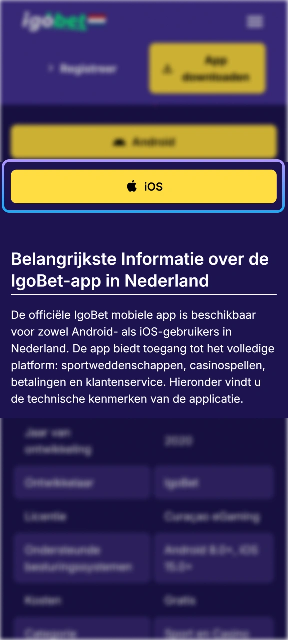 Start direct het downloadproces van de mobiele applicatie bij IgoBet.