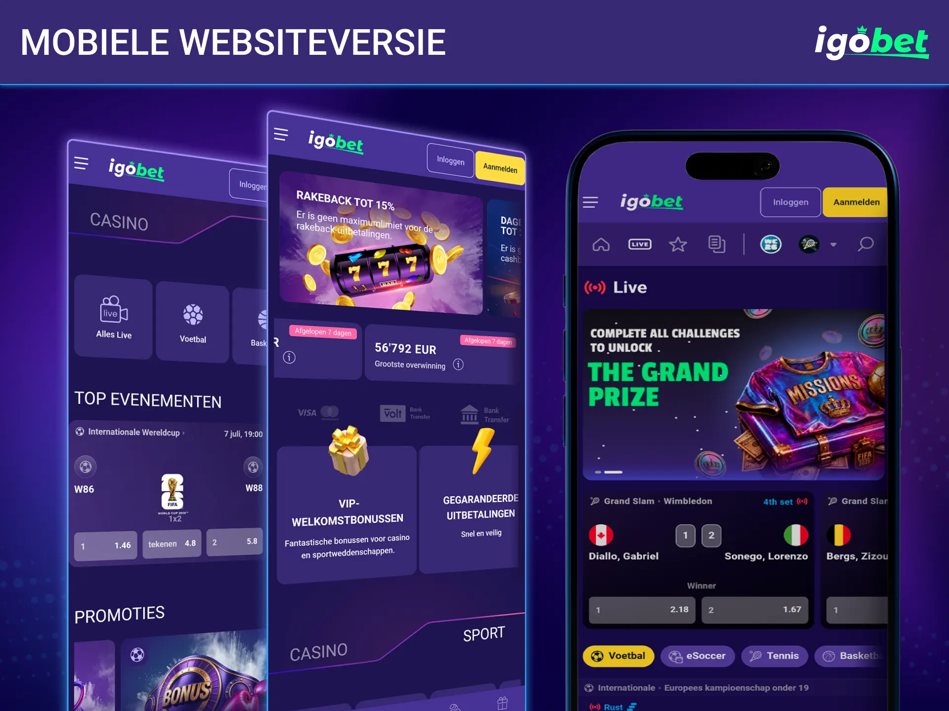 Open de geoptimaliseerde browserversie voor smartphones op het IgoBet platform.
