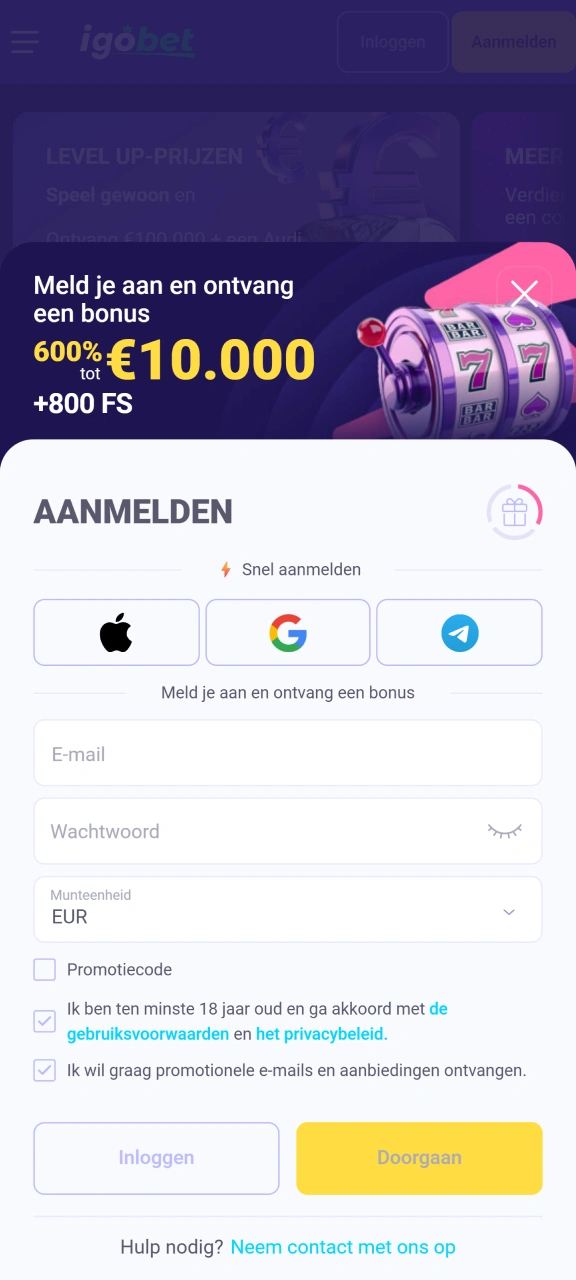 Maak snel een nieuw spelersaccount aan via de IgoBet app.