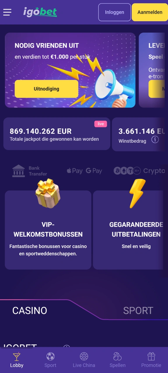 Open het hoofdscherm van de IgoBet app en begin direct.