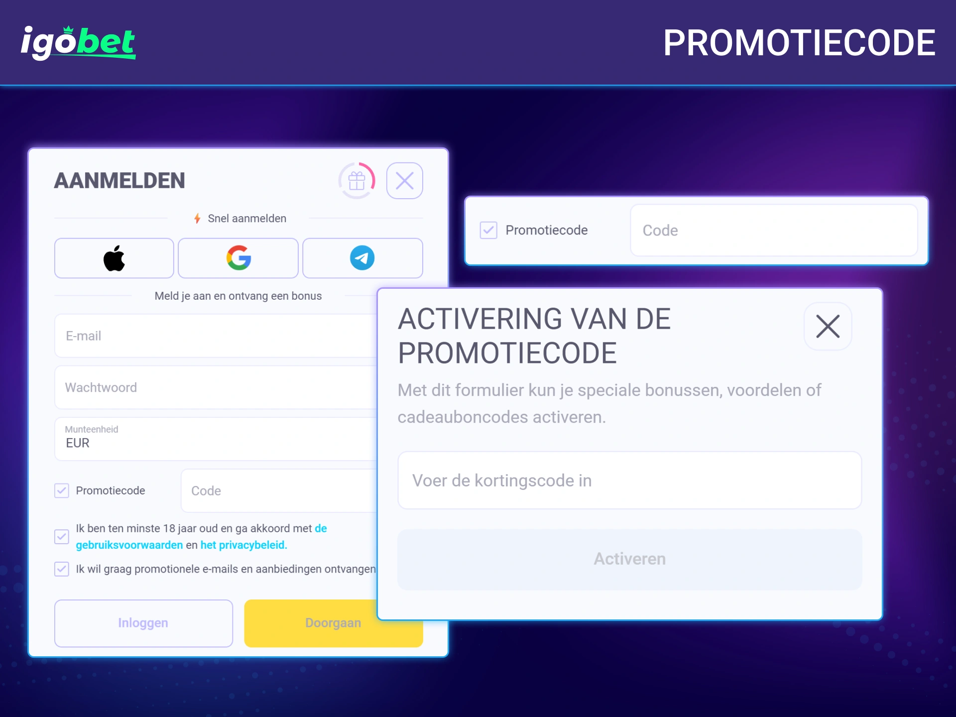 Vul een exclusieve promotiecode in voor extra voordelen bij IgoBet.
