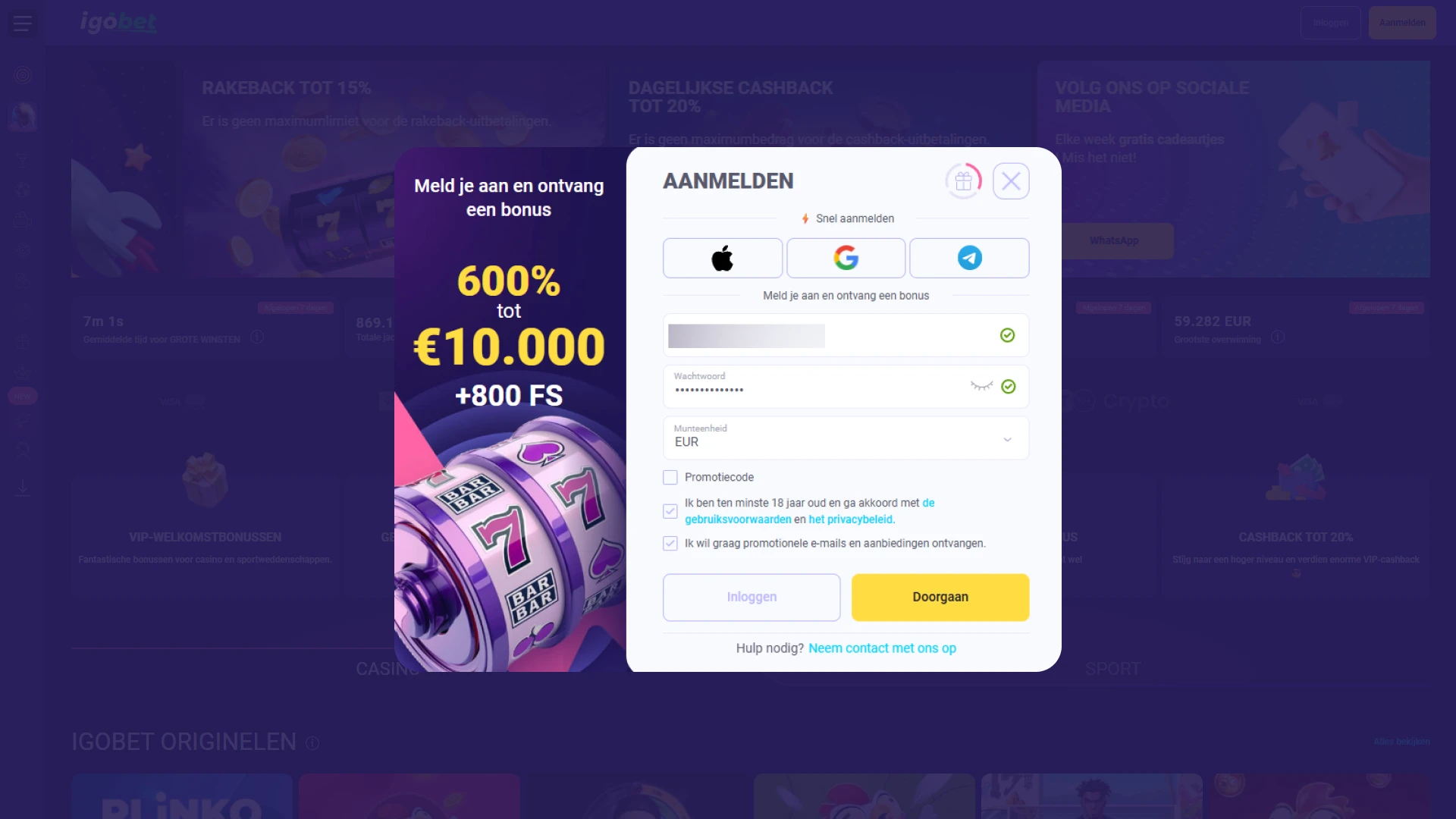 Maak een nieuw spelersaccount aan op de website van IgoBet.