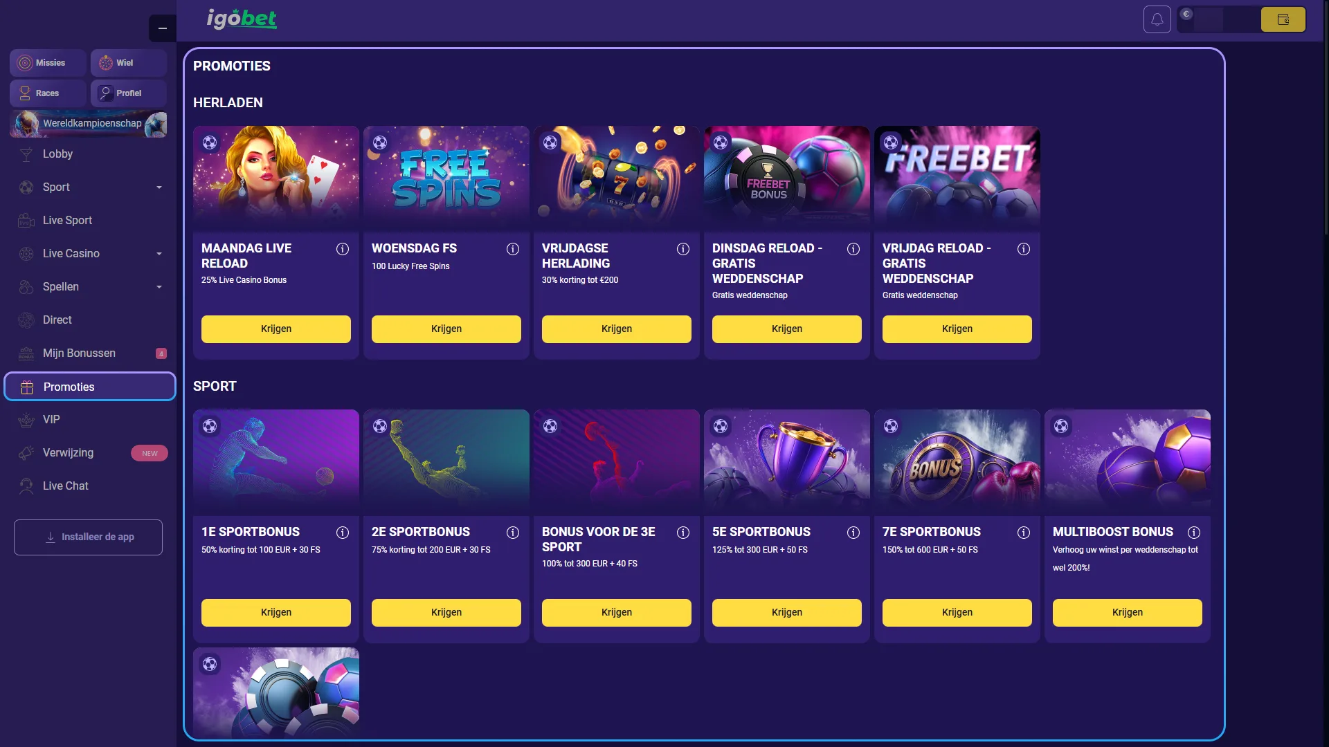 Selecteer uw favoriete welkomstbonus in het overzicht van IgoBet.