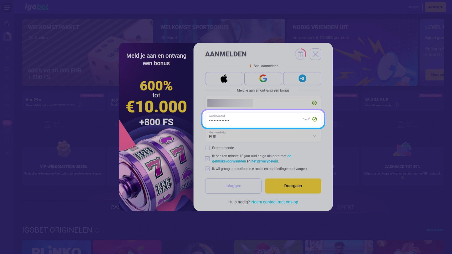 Creëer een unieke inlognaam en sterk wachtwoord voor IgoBet.